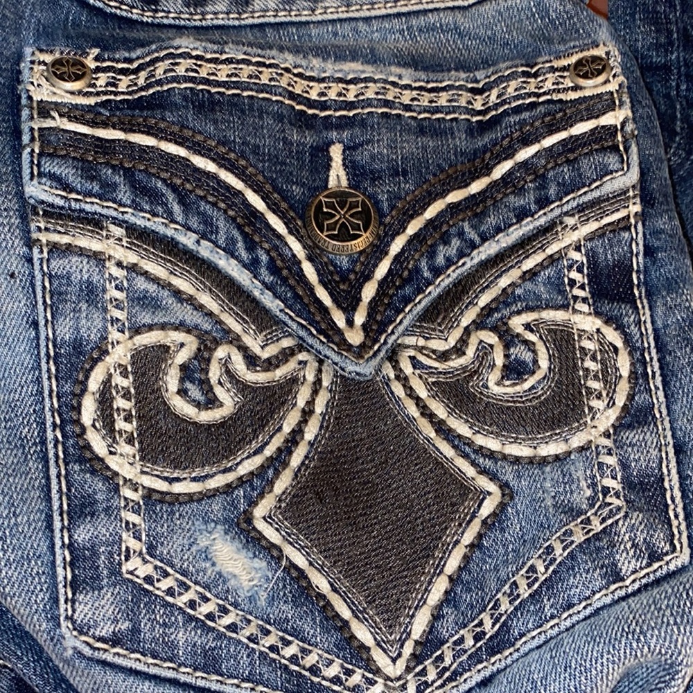 Affliction Black Premium Embroidered Distressed Blue Denim Jeans - Picture 9 of 13